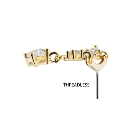 Invictus 14Kt Yellow Gold Threadless Vertical Helix Curved Bar Top with Double Floating Gem & CZ Chain Dangle