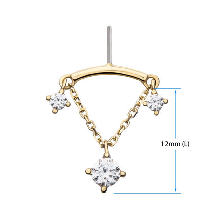 Invictus 14Kt Yellow Gold Threadless Vertical Helix Curved Bar Top with Double Floating Gem & CZ Chain Dangle