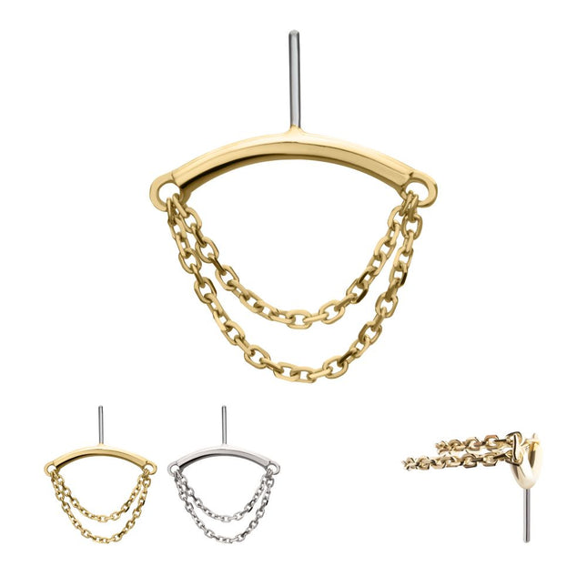 Invictus 14Kt Gold Threadless Hidden Helix Curved Bar Top with 2-Tier Chain Dangle