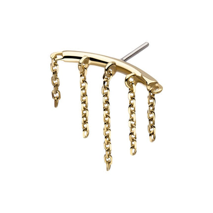 Invictus 14Kt Yellow Gold Threadless Vertical Helix Curved Bar Top with Crescent Moon and Stars Chain Dangle