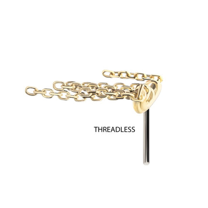 Invictus 14Kt Yellow Gold Threadless Vertical Helix Curved Bar Top with Crescent Moon and Stars Chain Dangle
