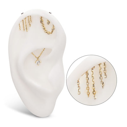 Invictus 14Kt Yellow Gold Threadless Vertical Helix Curved Bar Top with Crescent Moon and Stars Chain Dangle