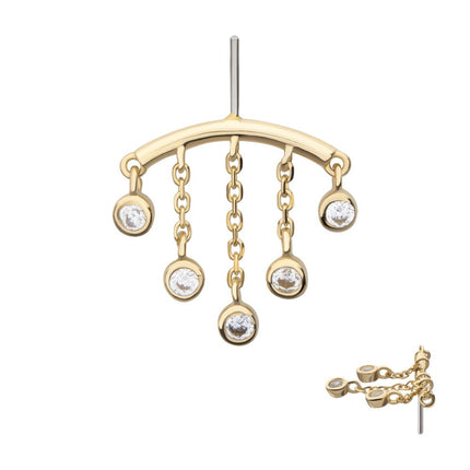 Invictus 14Kt Yellow Gold Threadless Vertical Helix Curved Bar Top with Double Floating Gem & CZ Chain Dangle