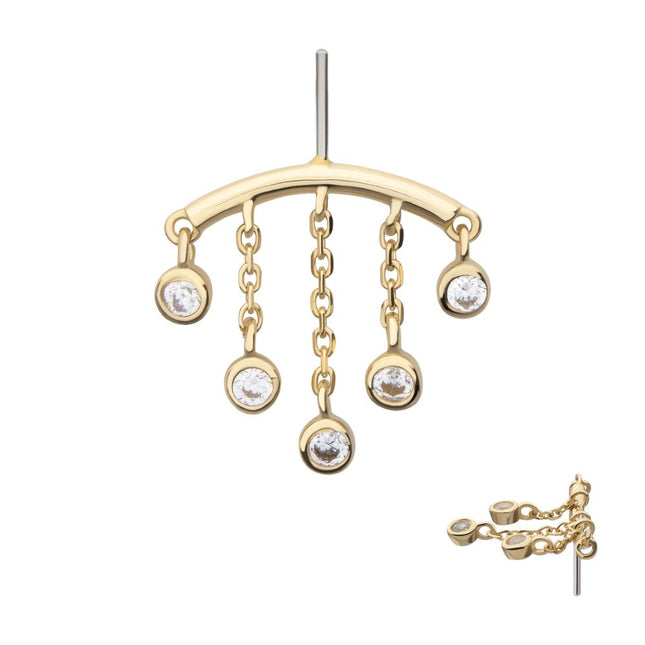 Invictus 14Kt Yellow Gold Threadless Vertical Helix Curved Bar Top with 5-Chain & Bezel Set Gem  Dangle