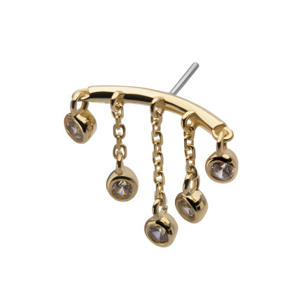 Invictus 14Kt Yellow Gold Threadless Vertical Helix Curved Bar Top with Double Floating Gem & CZ Chain Dangle