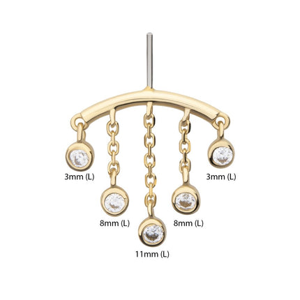 Invictus 14Kt Yellow Gold Threadless Vertical Helix Curved Bar Top with 5-Chain & Bezel Set Gem  Dangle