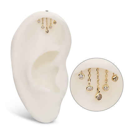 Invictus 14Kt Yellow Gold Threadless Vertical Helix Curved Bar Top with Double Floating Gem & CZ Chain Dangle