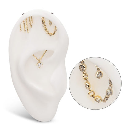 Invictus 14Kt Yellow Gold Threadless Vertical Helix Curved Bar Top with Bezel Set Round Gem Dangle