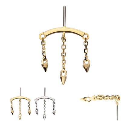 Invictus 14Kt Gold Threadless Vertical Helix Curved Bar Top with 3 Spike Chain Dangle