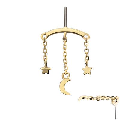Invictus 14Kt Yellow Gold Threadless Vertical Helix Curved Bar Top with Crescent Moon and Stars Chain Dangle