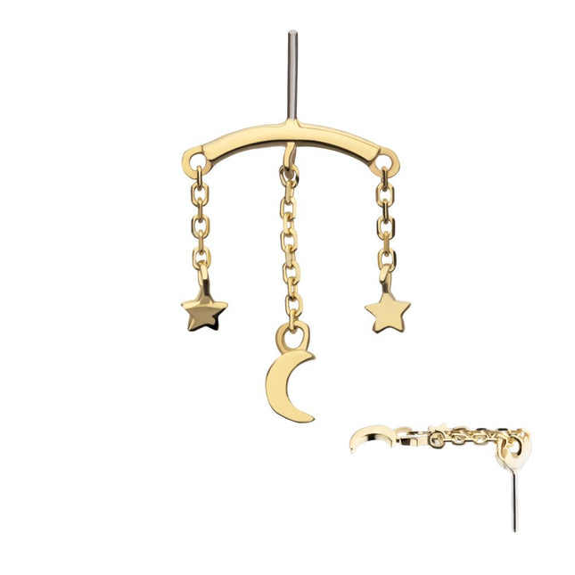 Invictus 14Kt Yellow Gold Threadless Vertical Helix Curved Bar Top with Crescent Moon and Stars Chain Dangle