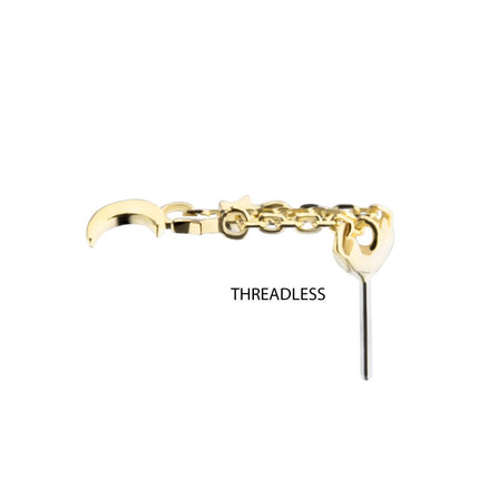 Invictus 14Kt Yellow Gold Threadless Vertical Helix Curved Bar Top with Crescent Moon and Stars Chain Dangle