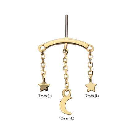 Invictus 14Kt Yellow Gold Threadless Vertical Helix Curved Bar Top with Crescent Moon and Stars Chain Dangle