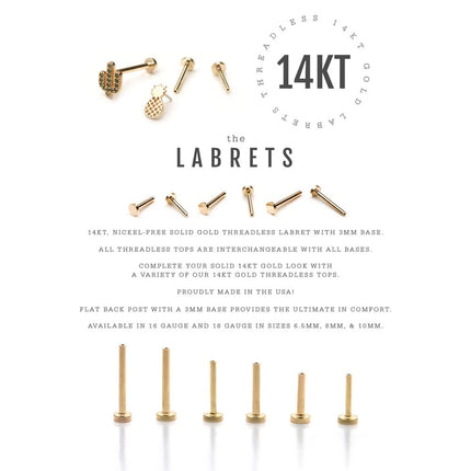Invictus 14Kt Gold Threadless Labret with 3mm Base