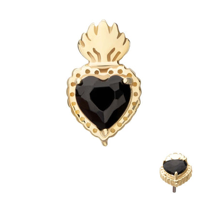 Invictus 14Kt Yellow Gold Threadless Prong Set Black Gem Sacred Heart Top