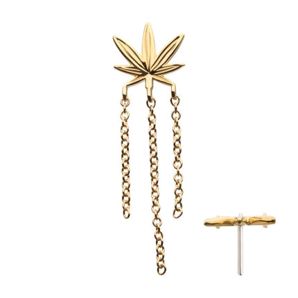 Invictus 14Kt Yellow Gold Threadless Pot Leaf Top with Dangle Chains