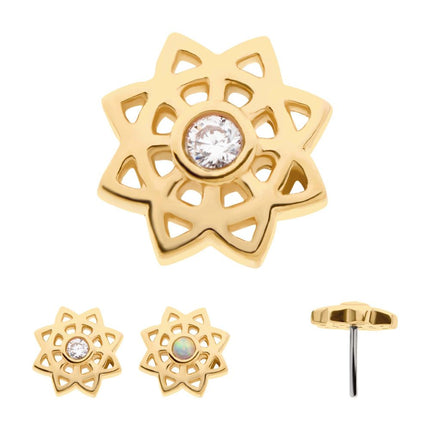 Invictus 14kt Yellow Gold Threadless Bezel Set Gem/Opal Mandala Flower Top