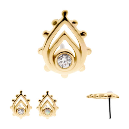 Invictus 14Kt Yellow Gold Threadless Bezel Set Gem/Opal Beaded Edge Teardrop Top