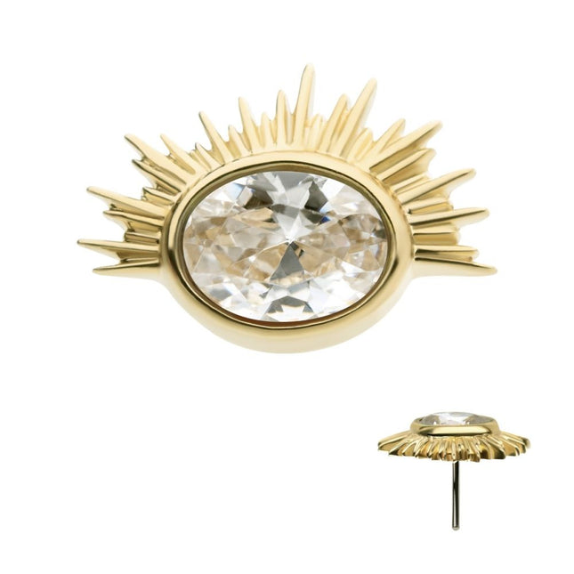 Invictus 14Kt Yellow Gold Threadless with Bezel Set Oval Clear CZ/White Synthetic Opal Starburst Top