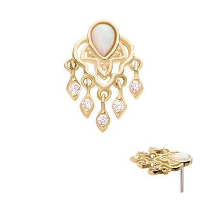 Invictus 14Kt Yellow Gold Threadless Bezel Set Teardrop & Round Gem/Opal Mandala Dangle Top