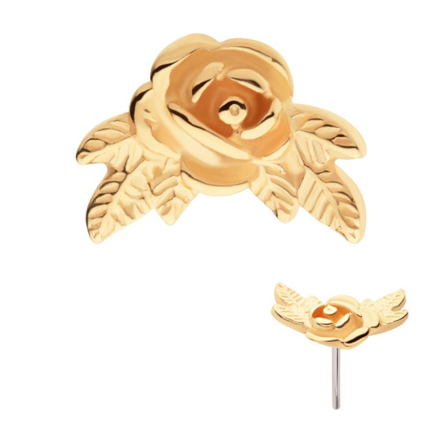 Invictus 14Kt Yellow Gold Threadless Angled Rose with Leaves Top