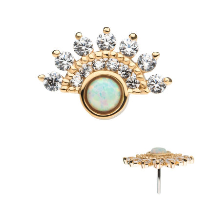 Invictus 14Kt Yellow Gold Threadless with Bezel Set White Synthetic Opal & Prong Set Clear CZ Fan Cluster Top