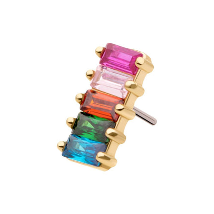Invictus 14Kt Yellow Gold Threadless with Prong Set Baguette Rainbow CZ 5-Cluster Top