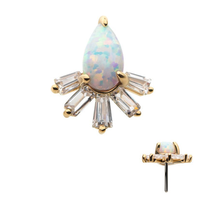 Invictus 14Kt Yellow Gold Threadless with Prong Set Teardrop White Synthetic Opal & Tapered Baguette Clear CZ Cluster Top