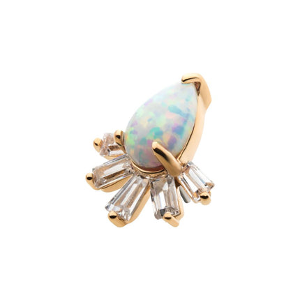 Invictus 14Kt Yellow Gold Threadless with Prong Set Teardrop White Synthetic Opal & Tapered Baguette Clear CZ Cluster Top