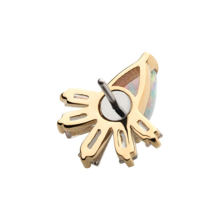 Invictus 14Kt Yellow Gold Threadless with Prong Set Teardrop White Synthetic Opal & Tapered Baguette Clear CZ Cluster Top