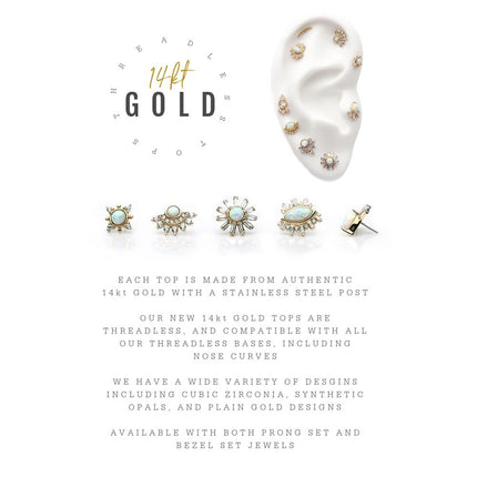 Invictus 14Kt Yellow Gold Threadless with Prong Set Teardrop White Synthetic Opal & Tapered Baguette Clear CZ Cluster Top