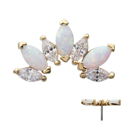 Invictus 14Kt Yellow Gold Threadless Prong Set Marquise CZ/Opal Fan Shape 7-Cluster Top
