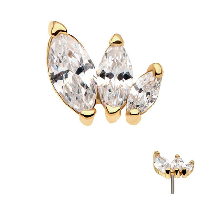 Invictus 14Kt Yellow Gold Threadless with Descending Size Marquise CZ 3-Cluster Top