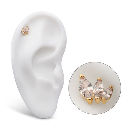 Invictus 14Kt Yellow Gold Threadless with Descending Size Marquise CZ 3-Cluster Top
