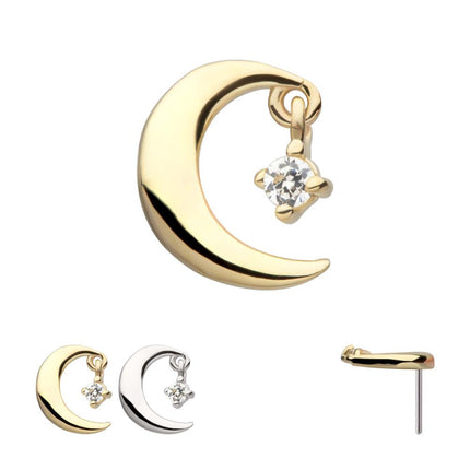 Invictus 14Kt Gold Threadless Crescent Moon Top with Prong Set Gem Dangle