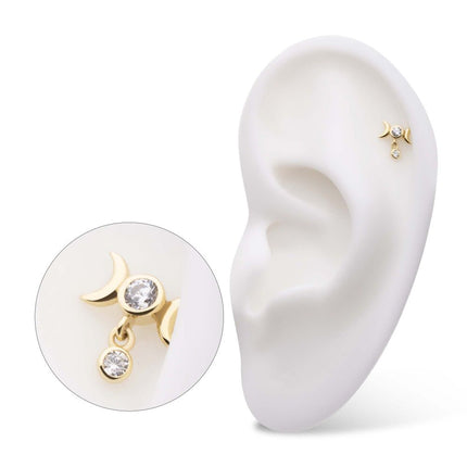Invictus 14Kt Yellow Gold Threadless Triple Moon Phase Top with Dangle Bezel Set Round CZ