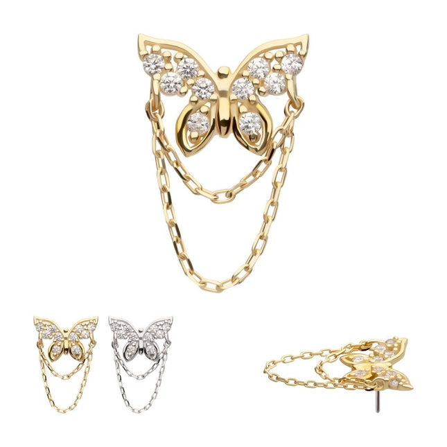 Invictus 14Kt Gold Threadless Pave Gem Butterfly Top with 2-Tier Chain Dangle