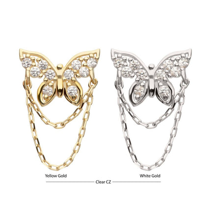 Invictus 14Kt Gold Threadless Pave Gem Butterfly Top with 2-Tier Chain Dangle