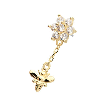 Invictus 14Kt Yellow Gold Threadless Prong Set Round CZ Flower Top with Dangle Bee