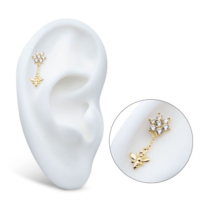 Invictus 14Kt Yellow Gold Threadless Prong Set Round CZ Flower Top with Dangle Bee