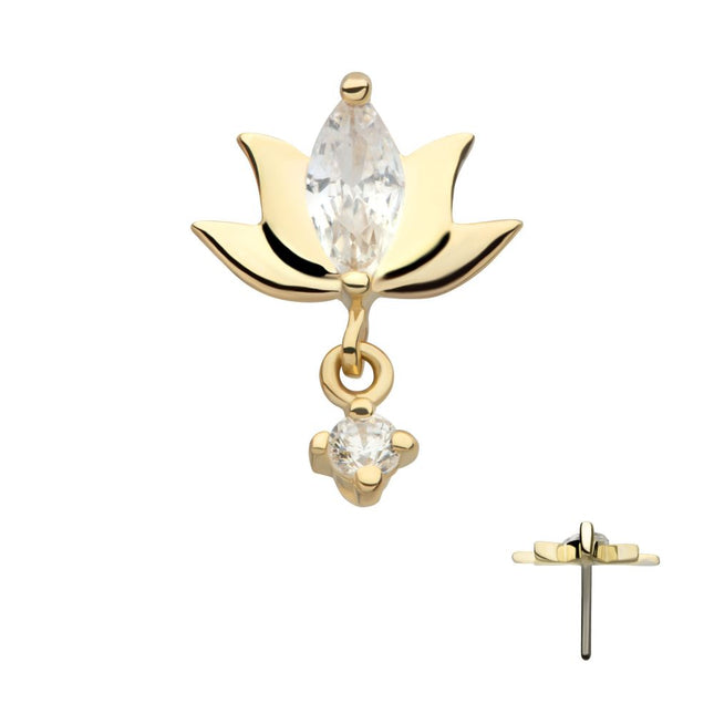 Invictus 14Kt Yellow Gold Threadless Marquise CZ Lotus Flower Top with Dangle Round CZ Gem