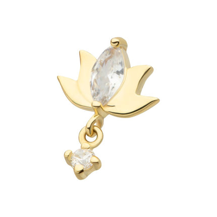 Invictus 14Kt Yellow Gold Threadless Marquise CZ Lotus Flower Top with Dangle Round CZ Gem