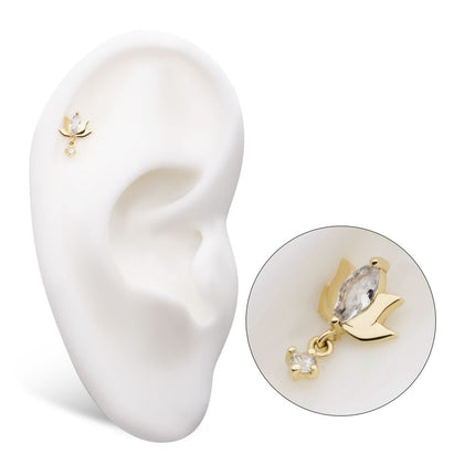 Invictus 14Kt Yellow Gold Threadless Marquise CZ Lotus Flower Top with Dangle Round CZ Gem