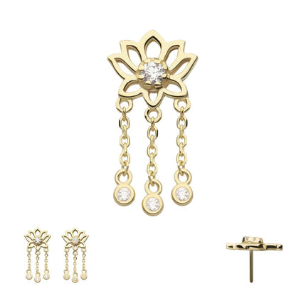 Invictus 14Kt Yellow Gold Threadless Lotus Flower Top with Bezel Set Round CZ/Opal Triple Dangle Chain