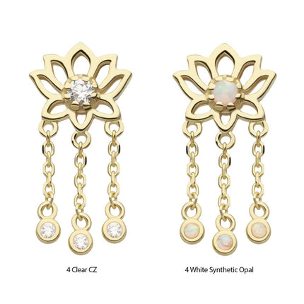 Invictus 14Kt Yellow Gold Threadless Lotus Flower Top with Bezel Set Round CZ/Opal Triple Dangle Chain
