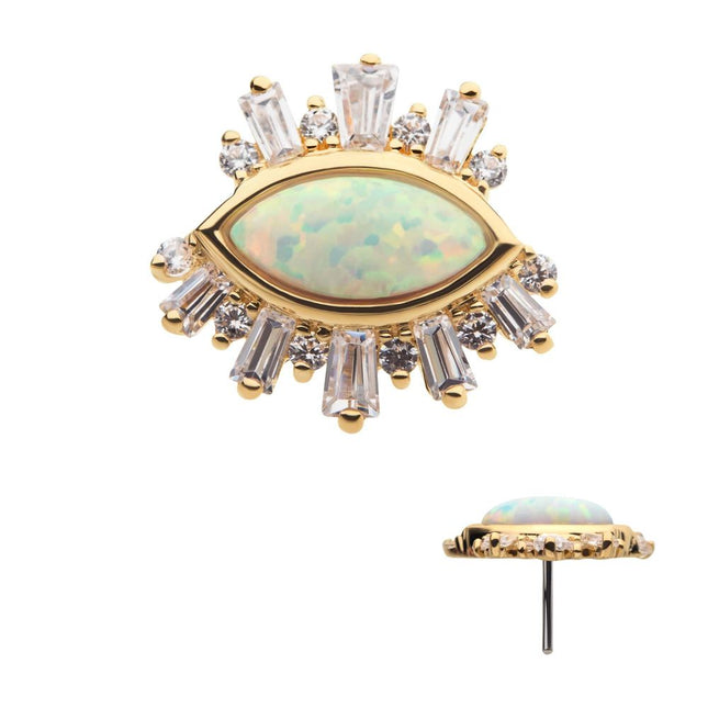 Invictus 14Kt Yellow Gold Threadless with Marquise White Synthetic Opal, Round & Tapered Baguette Clear CZ Evil Eye Cluster Top