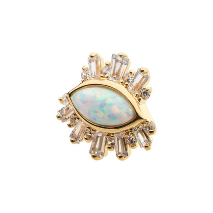Invictus 14Kt Yellow Gold Threadless with Marquise White Synthetic Opal, Round & Tapered Baguette Clear CZ Evil Eye Cluster Top