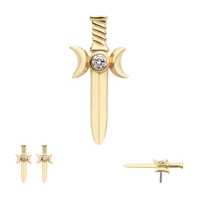 Invictus 14Kt Yellow Gold Threadless Triple Moon Phase with Bezel Set Round CZ/Opal Dagger Top