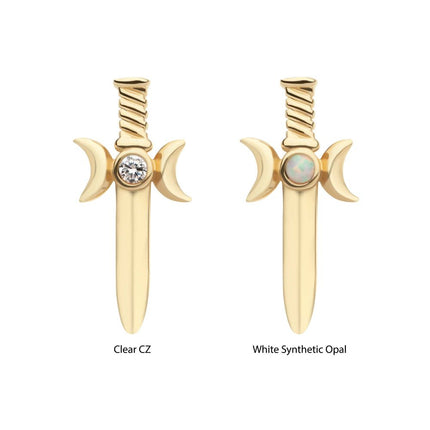 Invictus 14Kt Yellow Gold Threadless Triple Moon Phase with Bezel Set Round CZ/Opal Dagger Top
