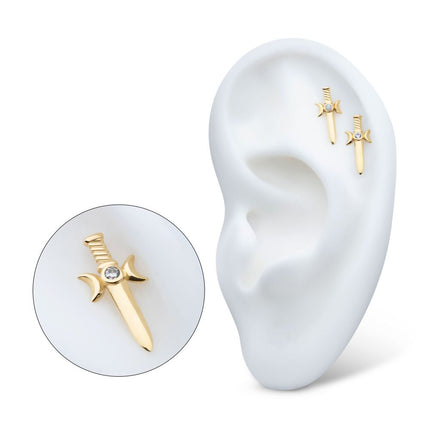 Invictus 14Kt Yellow Gold Threadless Triple Moon Phase with Bezel Set Round CZ/Opal Dagger Top